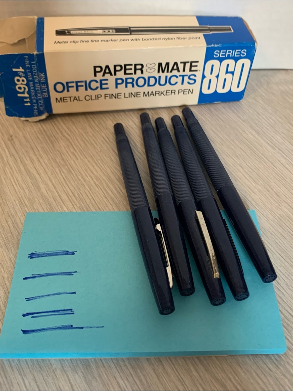 5 Paper Mate 860 Series Metal Clip Fine Line Marker Pens BLUE Ink NOS 861-11
